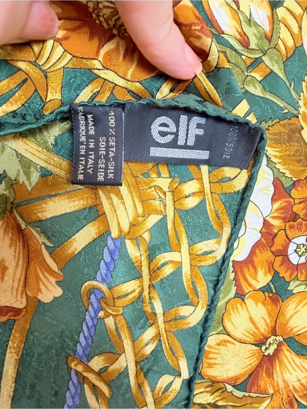 Vintage ELF Silk Floral Scarf Green Gold & Purple Chain Motif Wrap Neck Head